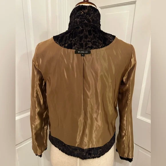 VTG Y2K MI‎ JONG LEE Textured Faux Fur Jacket Navy Gold Sz 4 Luxe Cropped - Picture 10 of 16